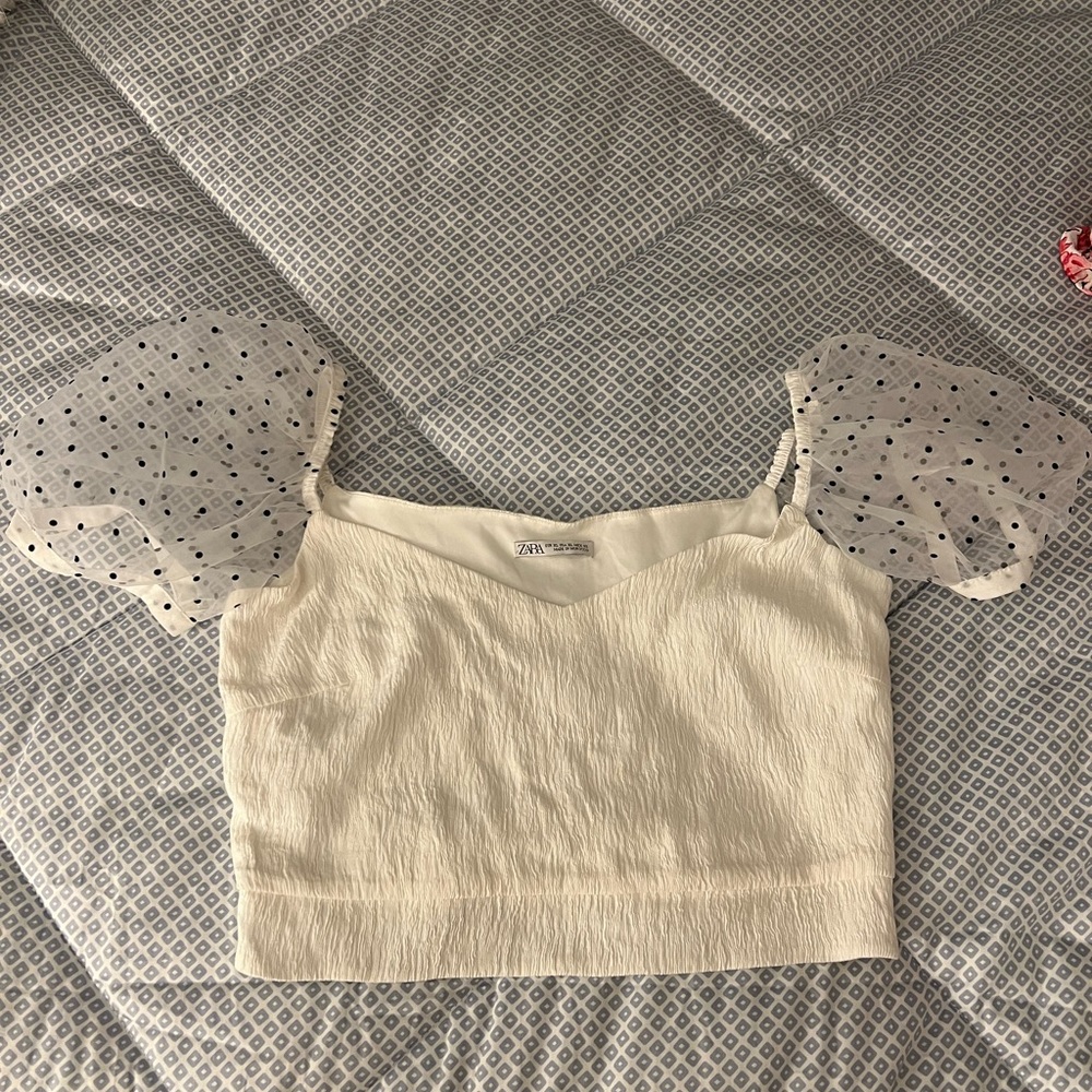 Zara White Top with Polka Dot Sleeves - Size XL